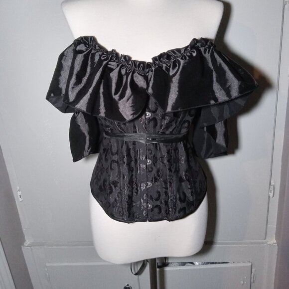 Black Corset with Ruffle Off the Shoulder Sleeve - Picture 1 of 9